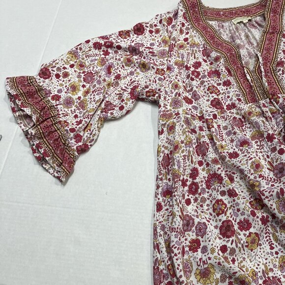 Cynthia Rowley Top Womens 1X Pink Floral Tie V Neck Tunic Boho Hippie Peasant - Picture 6 of 9